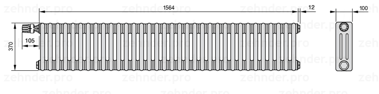 Схема (чертеж) Радиатор Zehnder Charleston 3037/34 №V011 Белый глянцевый RAL 9016